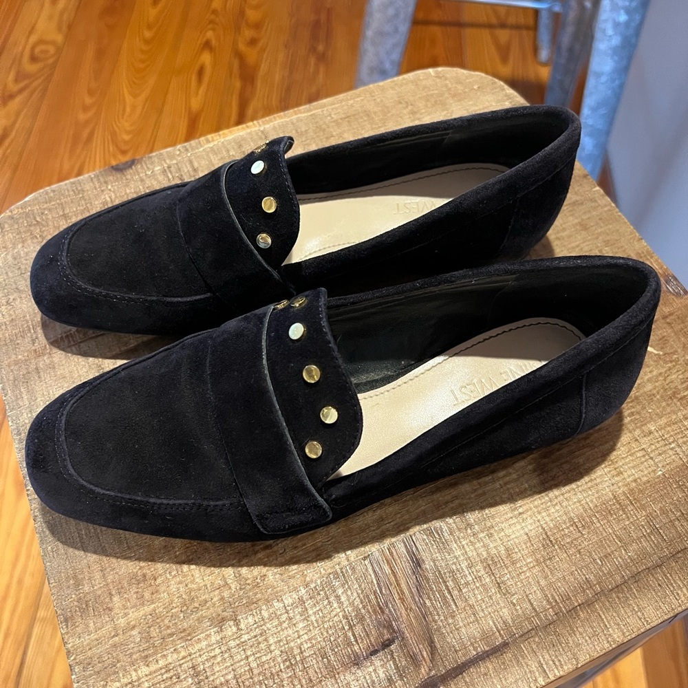Nine West suede black loafers with gold studs. Size 5 1/2.